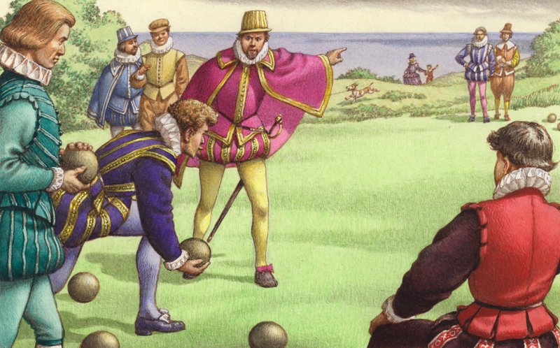 Sir Francis Drake spiller bowling før den spanske armadaens ankomst (gouache på papir) av Pat (1907-95) Nicolle
