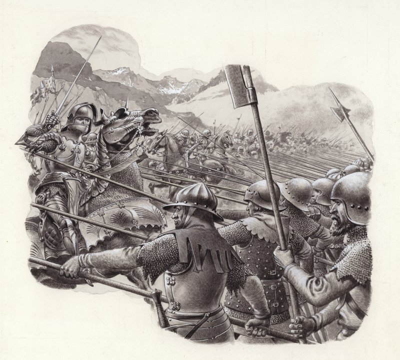 Sveitsisk infanteri på 1400-tallet (gouache på papir) av Pat (1907-95) Nicolle