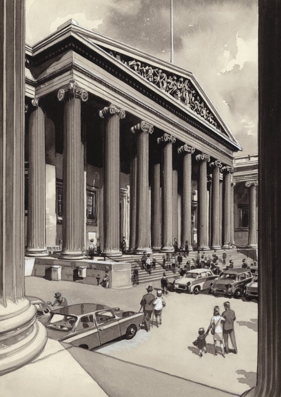 British Museum på 1960-tallet (gouache på papir) av Pat (1907-95) Nicolle