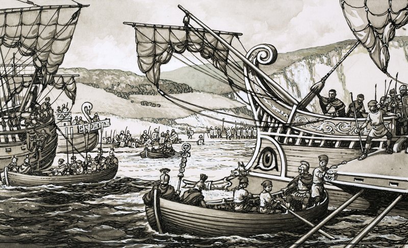 Romerne under Julius Cæsar gikk i land i Dover i 55 f.Kr. etter en dyster kamp av Pat (1907-95) Nicolle