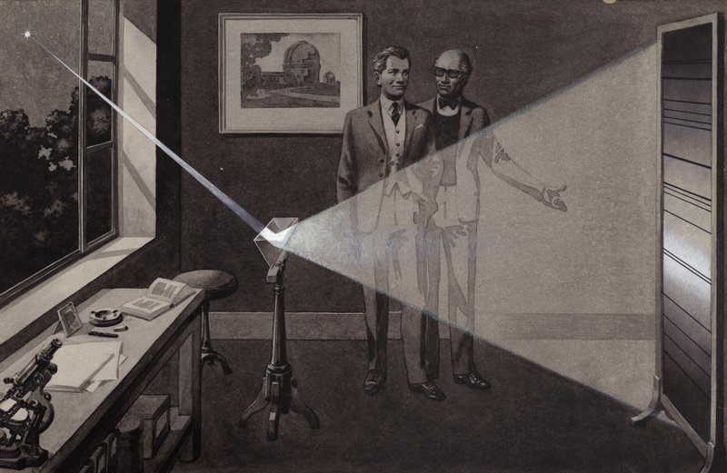 Lyset fra en stjerne treffer et prisme og deler seg i en regnbue av farger (gouache på papir) av Pat (1907-95) Nicolle
