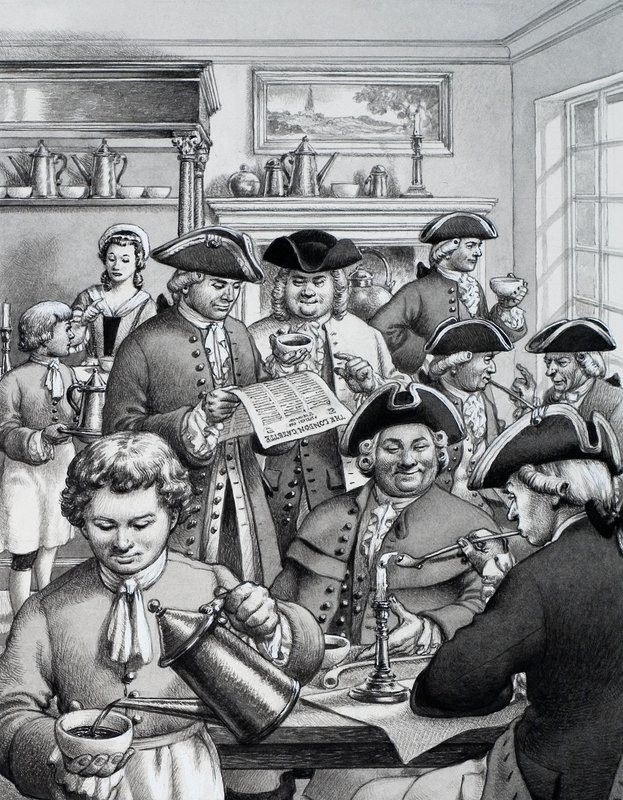 Typisk London-kaffehus på 1700-tallet av Pat (1907-95) Nicolle