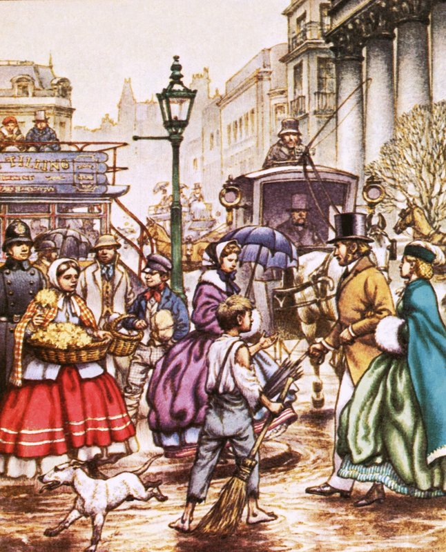 Typisk gatescene i London fra 1860-tallet av Pat (1907-95) Nicolle