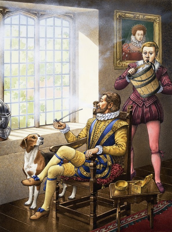 Hvem kastet vann over Sir Walter Raleigh av Pat (1907-95) Nicolle