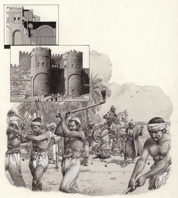 Arbeidet med de første murene i Kairo startet i 969 e.Kr. (gouache på papir) av Pat (1907-95) Nicolle