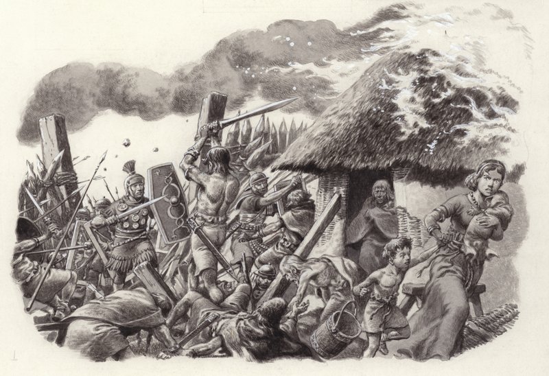 En romersk legion stormer Jomfruslottet (gouache på papir) av Pat (1907-95) Nicolle