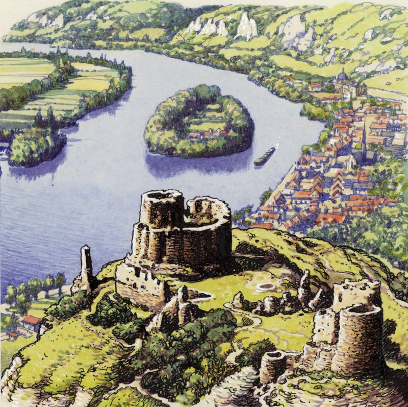 Chateau Gaillard, også kjent som det nye klippeslottet (gouache på papir) av Pat (1907-95) Nicolle