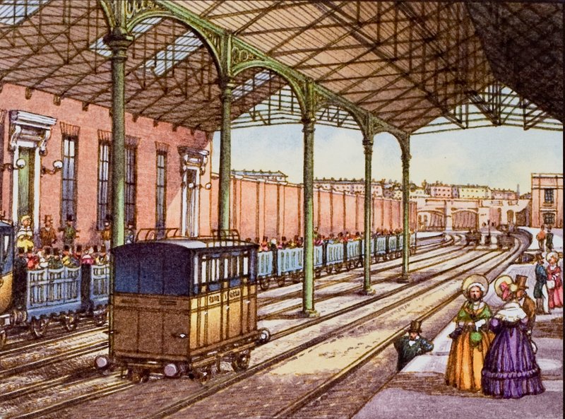 Euston stasjon i 1837 av Pat (1907-95) Nicolle