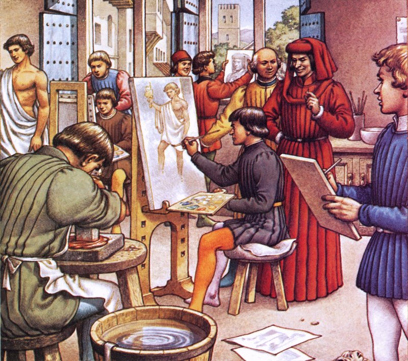 Lorenzo de Medici besøker skolen han opprettet for kunstnere av Pat (1907-95) Nicolle