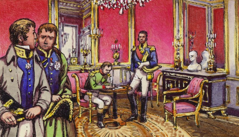 Napoleon signerer abdikasjonsartiklene i Fontainbleau-palasset (gouache på papir) av Pat (1907-95) Nicolle