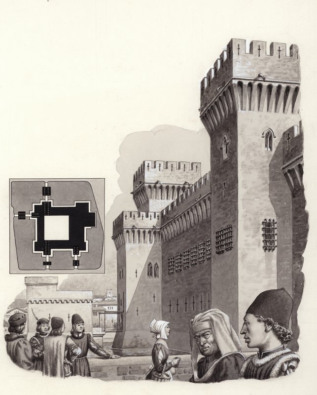 Este-slottet i Ferrara, Italia (gouache på papir) av Pat (1907-95) Nicolle