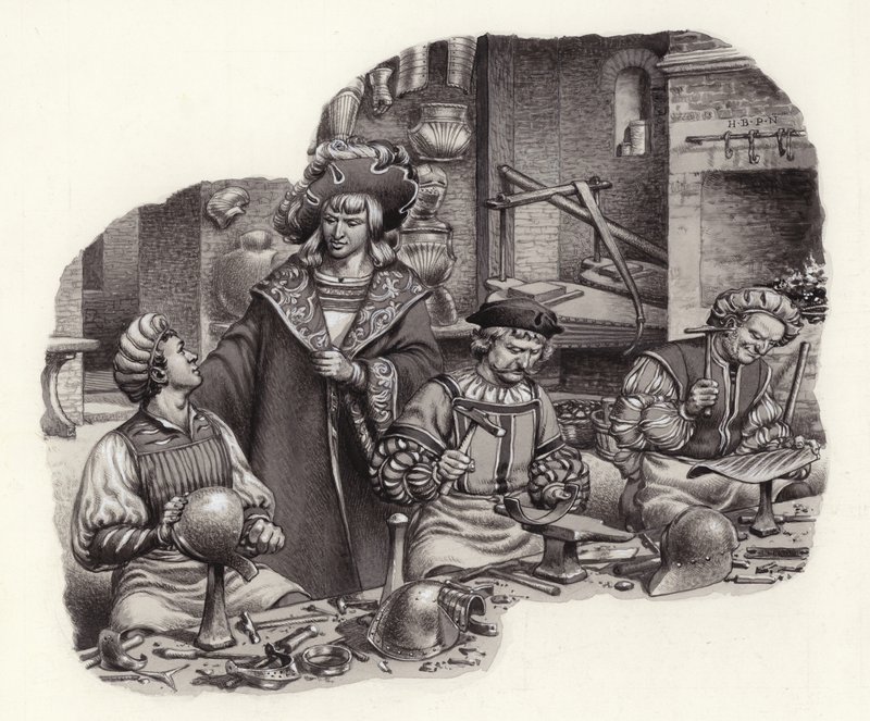 Keiser Maximilian i verkstedet til våpensmeden sin (gouache på papir) av Pat (1907-95) Nicolle