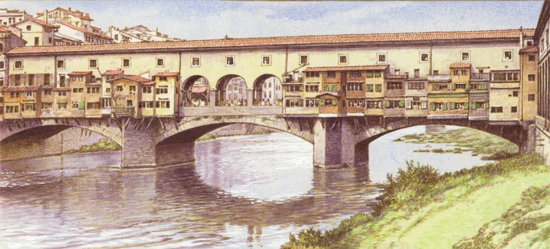 Ponte Vecchio slik den så ut på 1970-tallet (gouache på papir) av Pat (1907-95) Nicolle