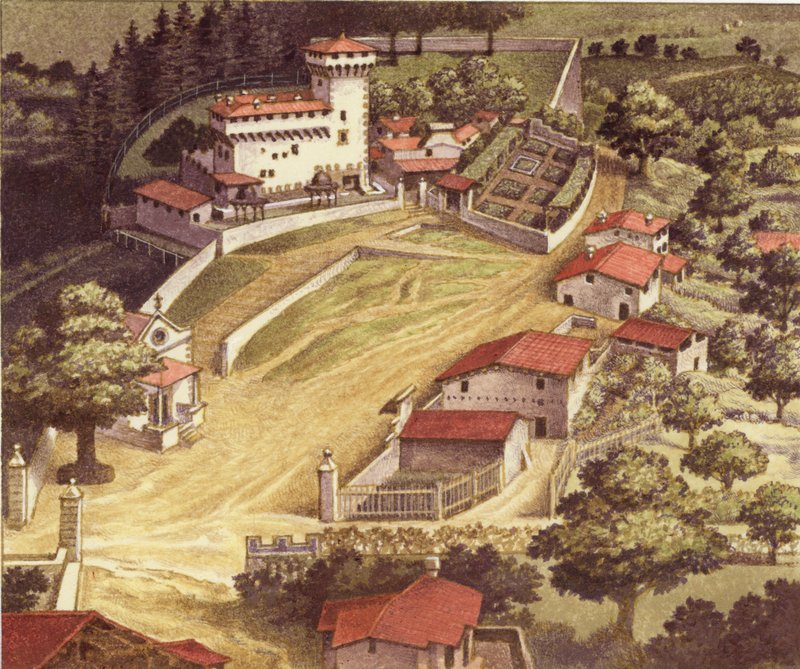 Medici-familiens befestede villa i Trebbio (gouache på papir) av Pat (1907-95) Nicolle