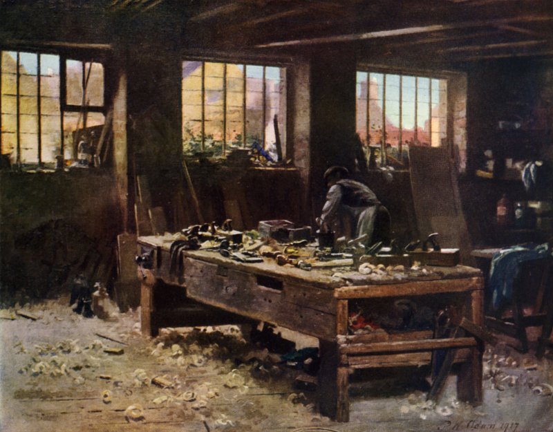 Snekkerbutikken (farge litho) av Patrick William Adam