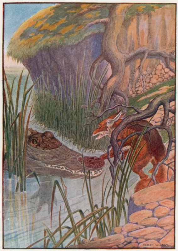"Å kjære! Den store alligatoren har labben min i munnen!" (farge litho) av Patten Wilson