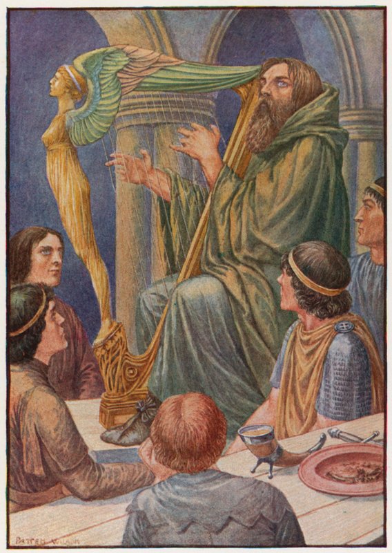Dagdaen tok harpen sin og slo noen akkorder (farge litho) av Patten Wilson