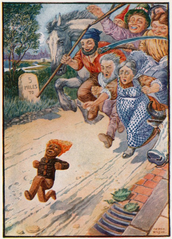 "Du kan ikke ta meg, jeg er pepperkakemannen!" (farge litho) av Patten Wilson