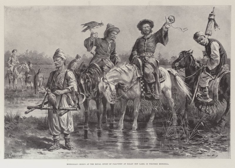 Mongolske høvdinger ved Royal Sport of Falconry ved Dalay Nov Lake, i Vest-Mongolia av Paul Frenzeny