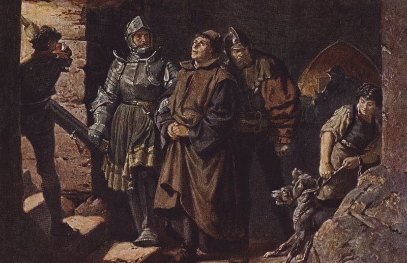 Hans von Berlepsch og Burckhardt Hund von Wenckheim eskorterer Martin Luther til Wartburg slott. av Friedrich Paul Thumann