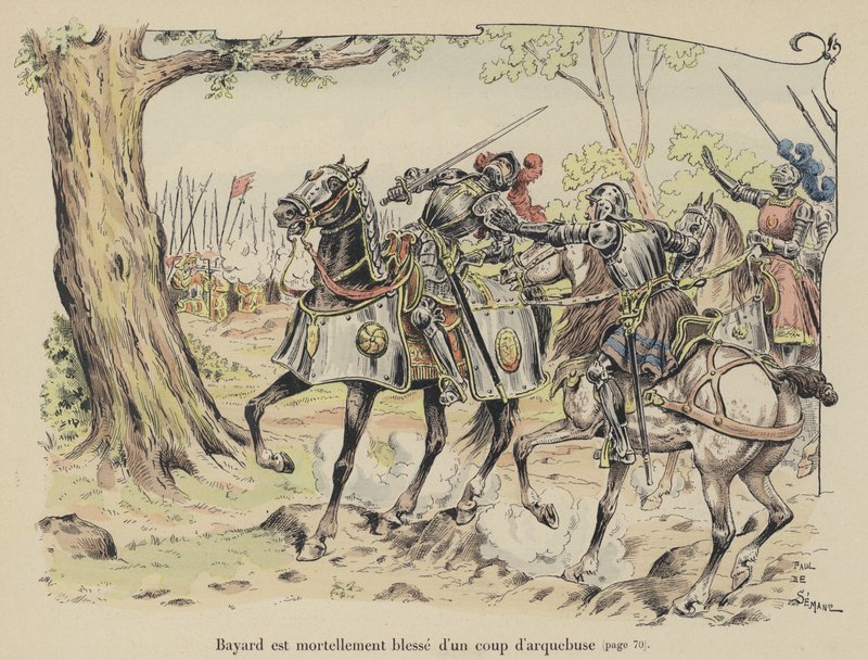 Chevalier de Bayard dødelig såret av en arkebusball i slaget ved Sesia, Italia, 1524 av Paul de Semant