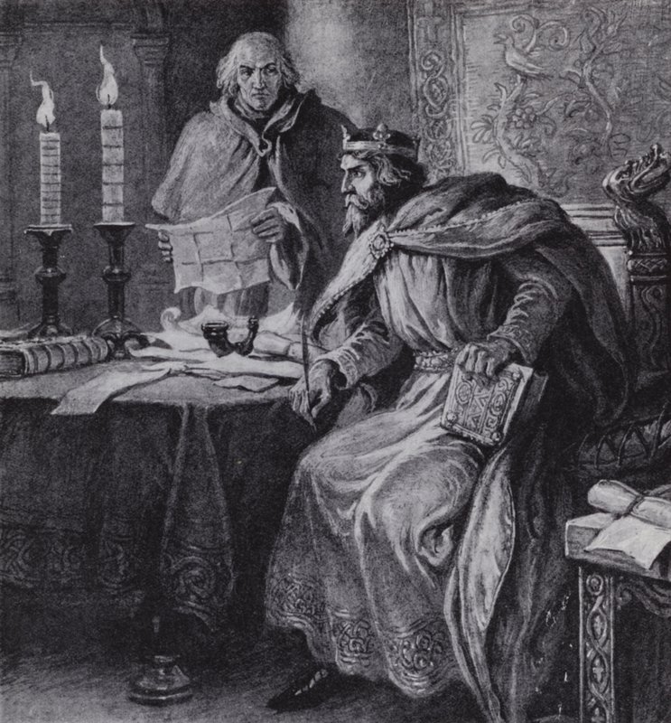 Alfred den store, kongen av Wessex, og lysklokkene hans (litho) av Paul (after) Hardy