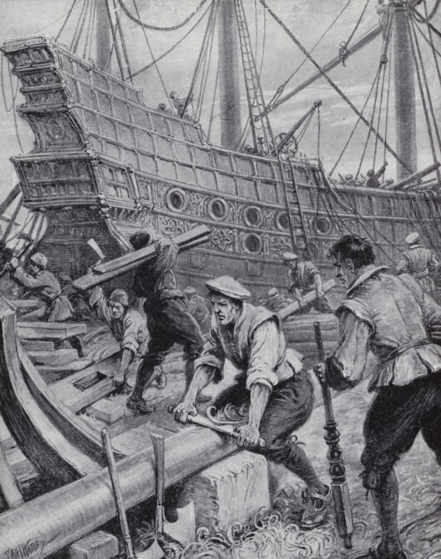 Bygging av den engelske gallionen Ark Royal, flaggskipet i kampen mot den spanske armadaen i 1588 (litho) av Paul (after) Hardy