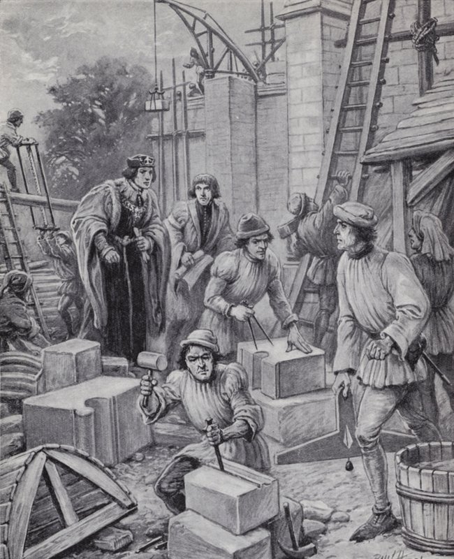 Kong Henry VI hadde tilsyn med bygningen av Eton College som han grunnla i 1440 (litho) av Paul (after) Hardy