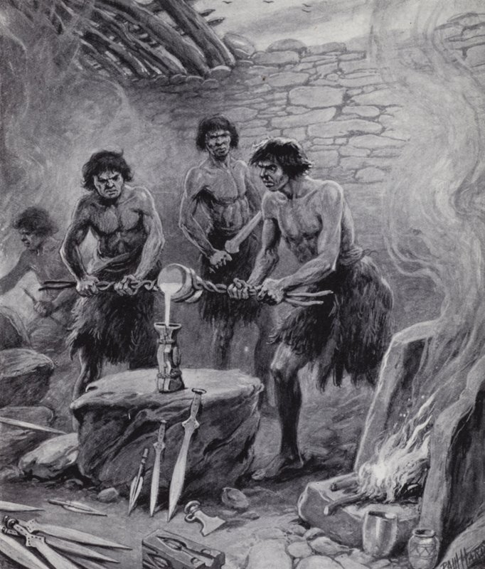 Menn som arbeider i et støperi under bronsealderen (litho) av Paul (after) Hardy