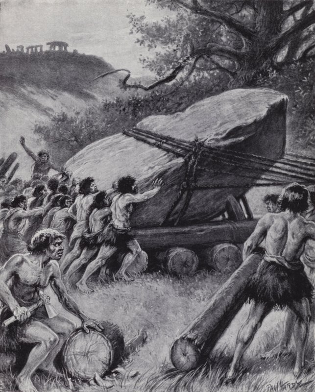 Paleolittiske menn som flytter en gigantisk steinplate på hjul (litho) av Paul (after) Hardy