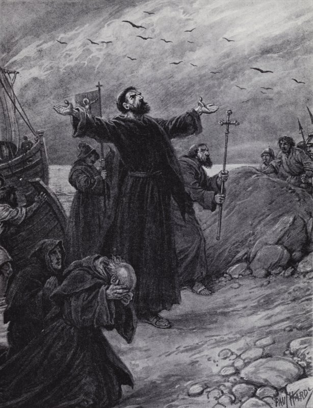 St Augustine ankommer Kent, 597 AD (litho) av Paul (after) Hardy