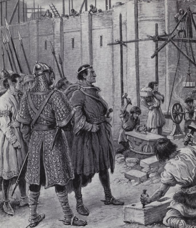 Vilhelm Erobreren fører tilsyn med bygningen av Tower of London (litho) av Paul (after) Hardy
