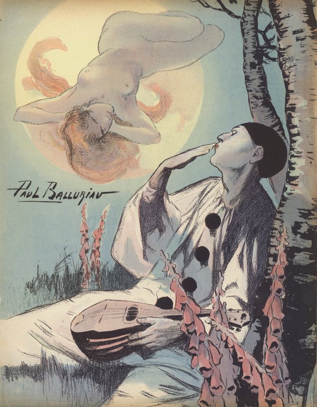 Pjerrot blåser et kyss mot en visjon av en naken kvinne (farge litho) av Paul Balluriau