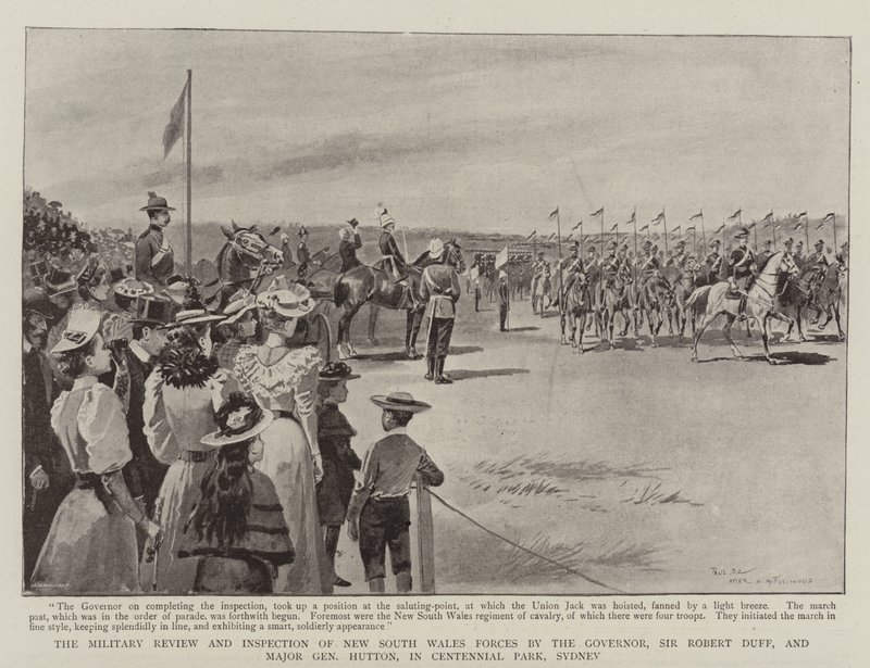 The Military Review and Inspection of New South Wales Forces av guvernøren, Sir Robert Duff, og generalmajor Hutton, i Centennial Park, Sydney av Paul Destez