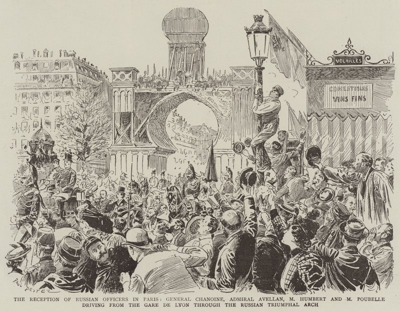 Mottakelsen av russiske offiserer i Paris, general Chanoine, admiral Avellan, M Humbert og M Poubelle som kjører fra Gare de Lyon gjennom den russiske triumfbuen av Paul Destez