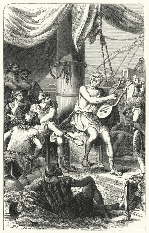 Homer underholder utenlandske sjømenn med en sang (gravering) av Paul Dominique Philippoteaux
