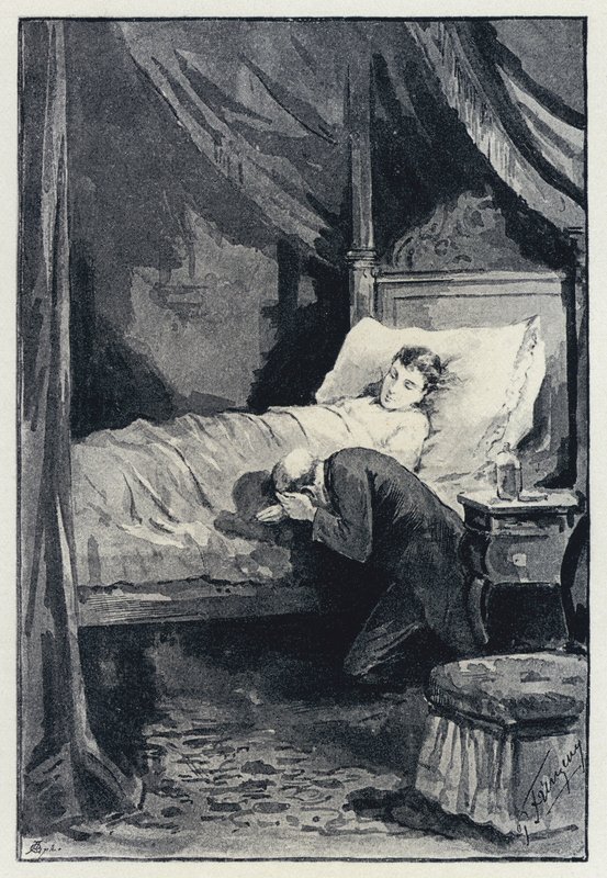 Illustrasjon for Anna Karenina: Karenina i Annas kammer under sykdommen (litho) av Paul Frenzeny