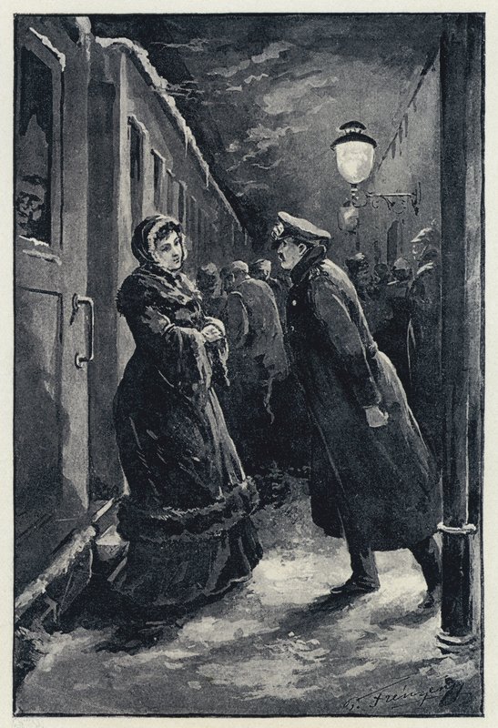 Illustrasjon for Anna Karenina: Vronsky møter Anna på stasjonen (litho) av Paul Frenzeny