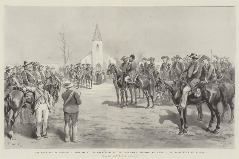 Krisen i Transvaal, inspeksjon av kommandanten for den samlede kommando av boer på markedsplassen til en Dorp av Paul Frenzeny