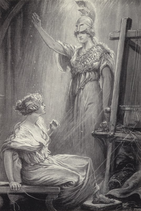 Athene og Arachne av Paul Hardy