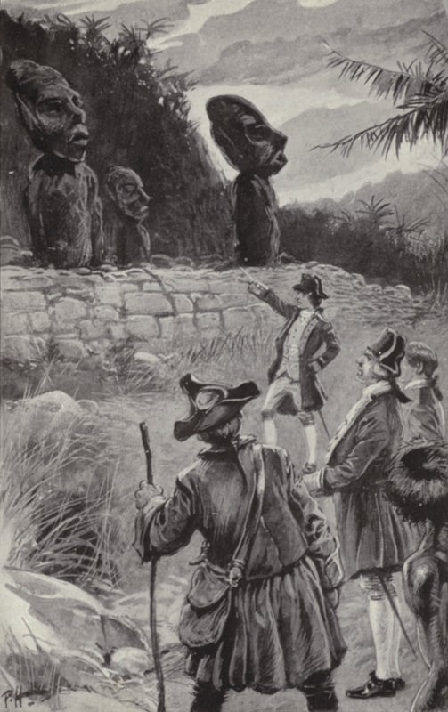 Undersøker statuene på Påskeøya (litho) av Paul Hardy