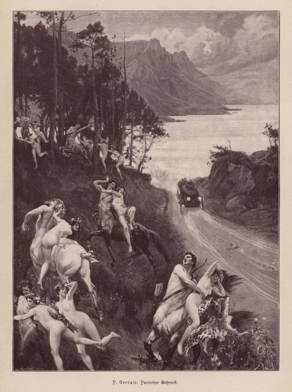 Satyrer og nymfer skremt av en bil (gravering) av Paul Jean Gervais