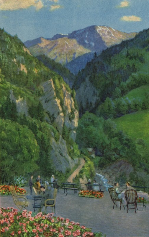 Swiss Spas: Passugg, Kurhaus Garden Terrace (farge litho) av Paul Kutscha