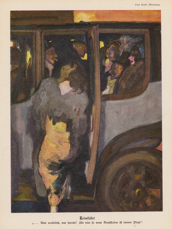 Kvinne setter seg inn i en bil for å kjøre hjem etter en natt ute (farge litho) av Paul Rieth