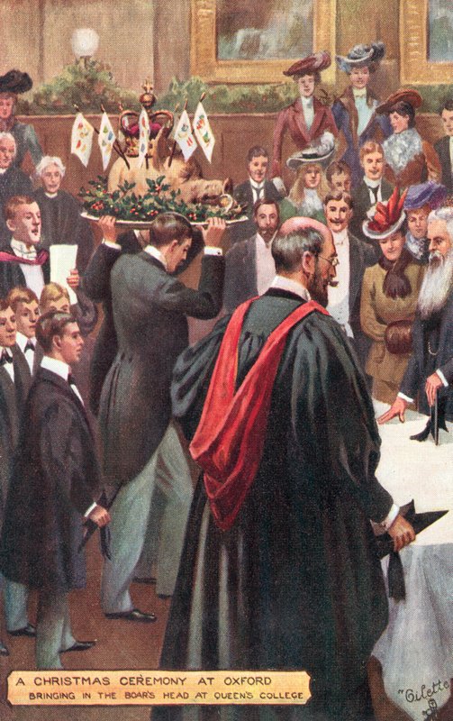 En juleseremoni ved Oxford University - innføring av villsvinhodet ved Queens College av Percy F.S. after Spence