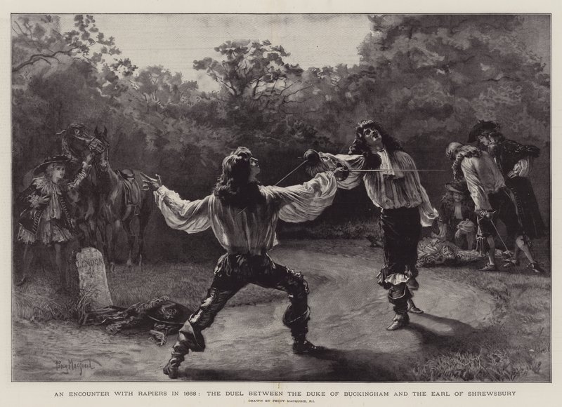 Et møte med Rapiers i 1668, duellen mellom hertugen av Buckingham og jarlen av Shrewsbury av Percy Macquoid