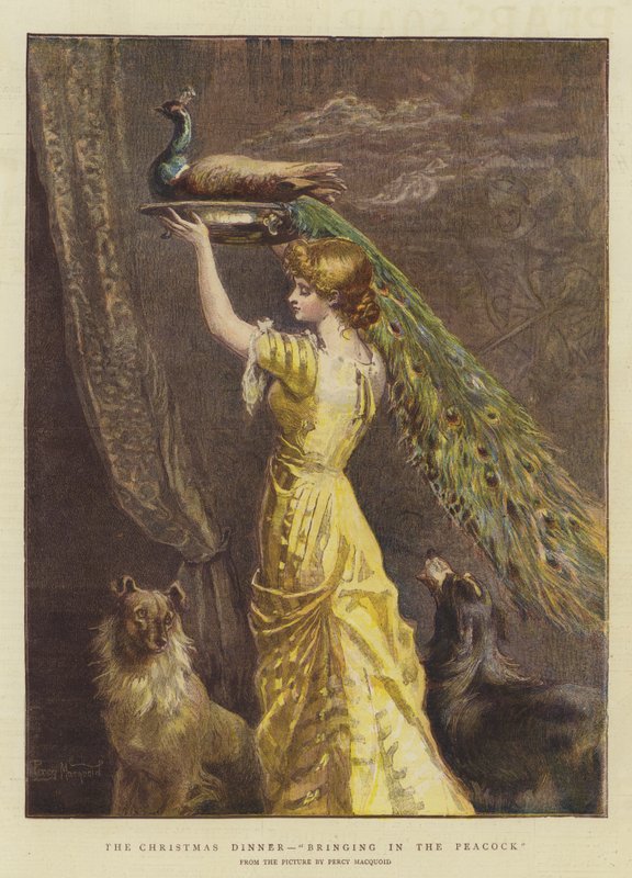 Julemiddagen, bringe inn påfuglen (chromolitho) av Percy Macquoid