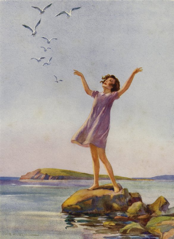 Jente som nyter solskinnet ved sjøen (farge litho) av Percy Bell Hickling