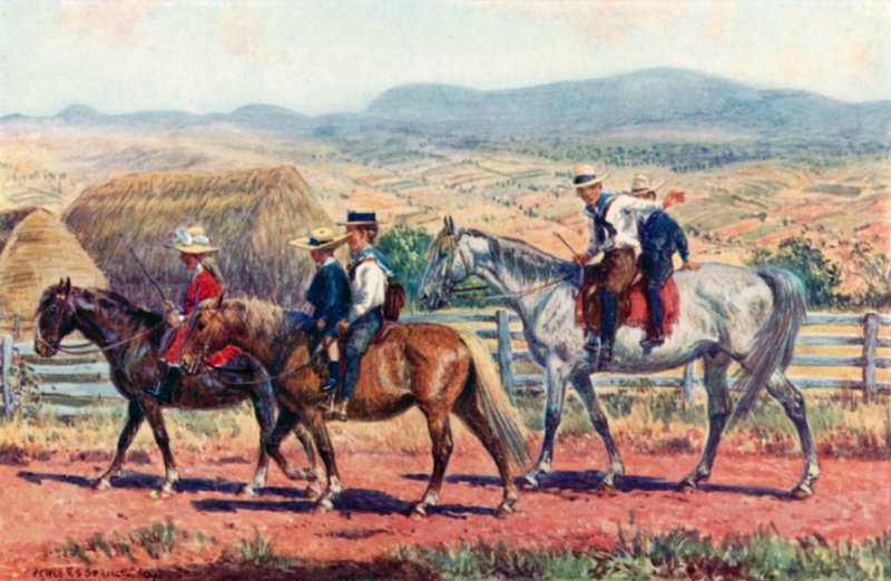 Australske barn som sykler til skolen (farge litho) av Percy F.S. (after) Spence