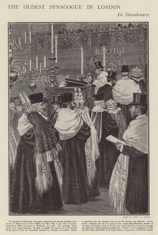 Tohundreårsjubileum for den spanske og portugisiske synagogen, den eldste synagogen i London (litho) av Percy F.S. (after) Spence